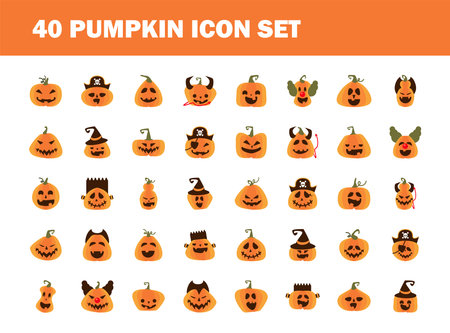 bundle of fourty halloween pumpkins flat style icons vector illustration designのイラスト素材