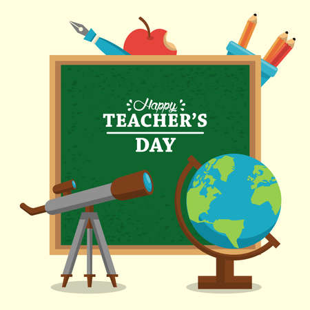 happy teachers day card with chalkboard and earth map vector illustration designのイラスト素材