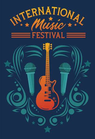 international music festival poster with electric guitar and microphones vector illustration designのイラスト素材