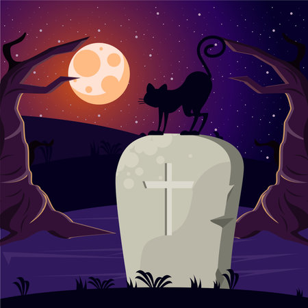 happy halloween celebration card with grave and cat vector illustration designのイラスト素材