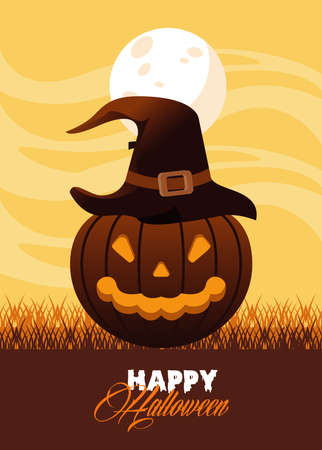 happy halloween celebration card with pumpkin and witch hat vector illustration designのイラスト素材