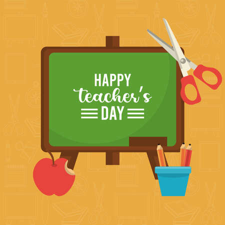 happy teachers day card with chalkboard and scissors vector illustration designのイラスト素材