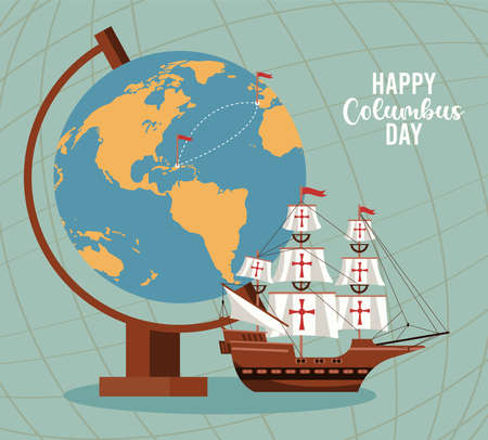 happy columbus day celebration with sail boat and world map vector illustration designのイラスト素材