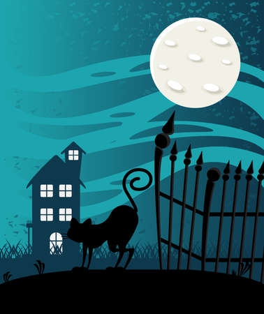 happy halloween celebration card with haunted house and cat scene vector illustration designのイラスト素材