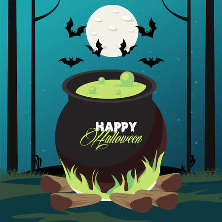 happy halloween celebration card with cauldron and bats flying vector illustration designのイラスト素材