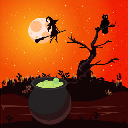 happy halloween celebration card with cauldron and witch flying vector illustration designのイラスト素材