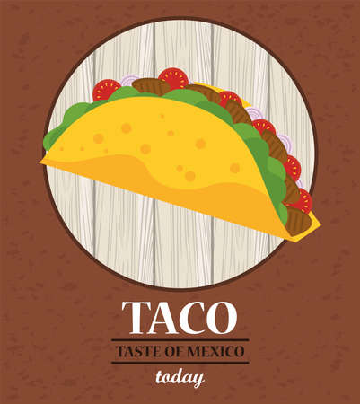 taco day celebration mexican poster with circular wooden frame vector illustration designのイラスト素材
