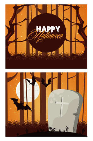 happy halloween celebration card with grave and bats flying vector illustration designのイラスト素材