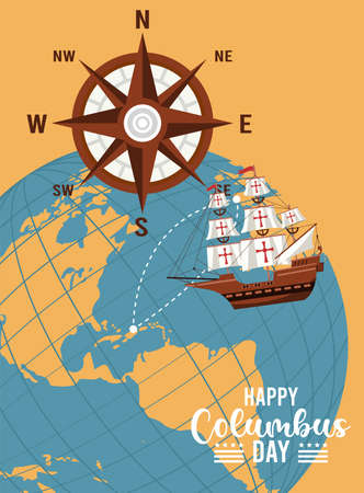 happy columbus day celebration with boat and earth planet vector illustration designのイラスト素材