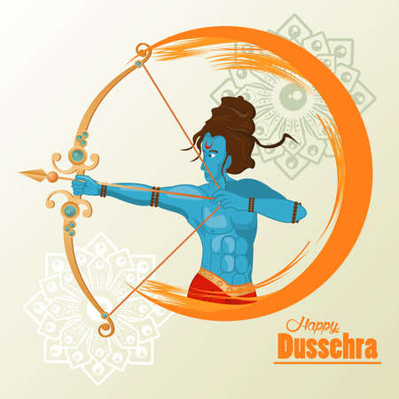 happy dussehra celebration card with blue rama character and lettering vector illustration designのイラスト素材
