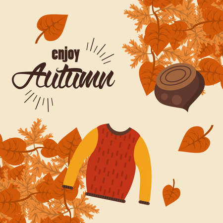 enjoy autumn lettering with wool sack and nut vector illustration designのイラスト素材