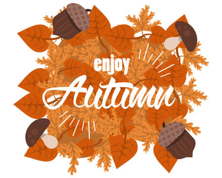 enjoy autumn lettering with leafs and nuts poster vector illustration designのイラスト素材