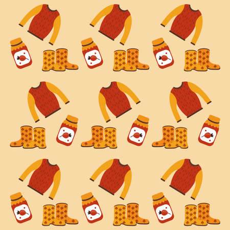 enjoy autumn poster with boots and spices bottles pattern vector illustration designのイラスト素材