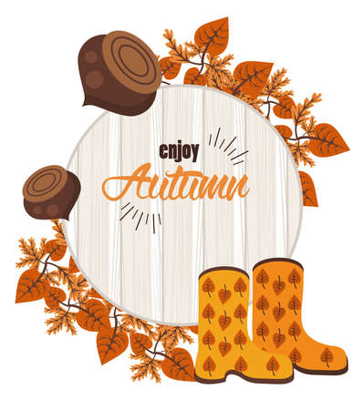 enjoy autumn lettering with nuts and boots in wooden background vector illustration designのイラスト素材