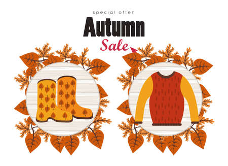 autumn sale season poster with wool sack and boots vector illustration designのイラスト素材