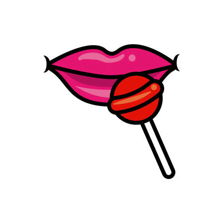 Pop art mouth with sweet candy red lollipop fill style icon vector illustration designのイラスト素材