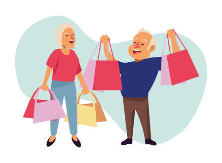 old couple with shopping  bags active seniors characters vector illustration designのイラスト素材