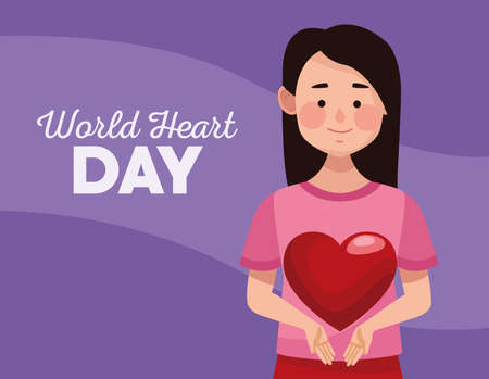 world heart day lettering with woman lifting heart vector illustration designのイラスト素材