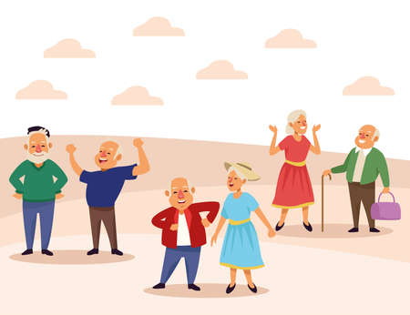 old people active seniors characters in the camp scene vector illustration designのイラスト素材