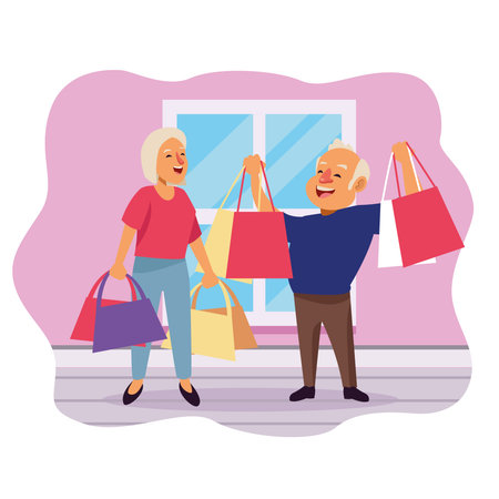 old couple with shopping  bags in the house active seniors characters vector illustration designのイラスト素材