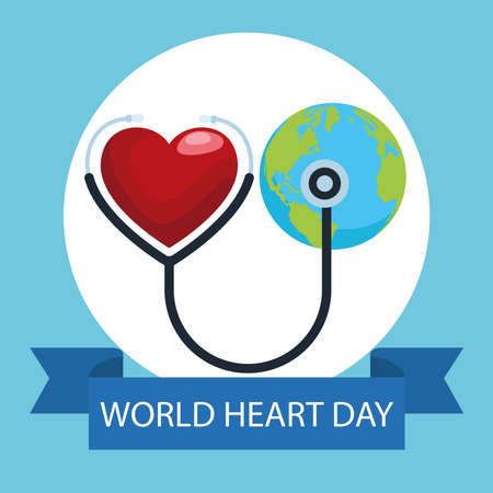 world heart day lettering with stethoscope and earth planet vector illustration designのイラスト素材