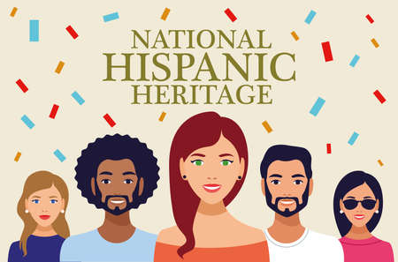 national hispanic heritage celebration lettering with people and confetti vector illustration designのイラスト素材