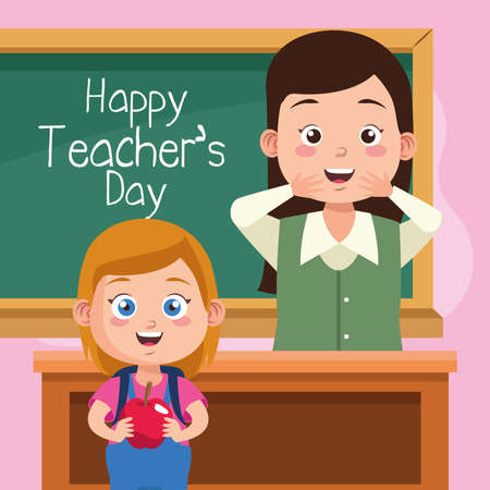 happy teachers day scene with teacher and schoolgirl in classroom vector illustration designのイラスト素材