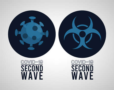 covid19 virus pandemic second wave poster with particle and biosafety sign vector illustration designのイラスト素材
