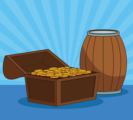 Columbus day celebration card with chest treasure and barrel vector illustration designのイラスト素材