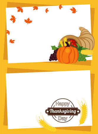 happy thanksgiving day poster with fruits in horn and spikes frames vector illustration designのイラスト素材