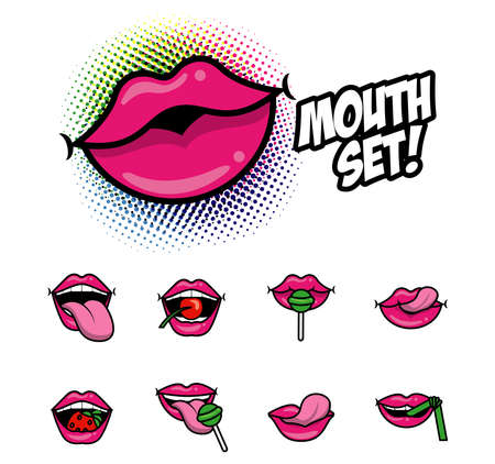 bundle of nine pop art mouths fill style icons vector illustration designのイラスト素材