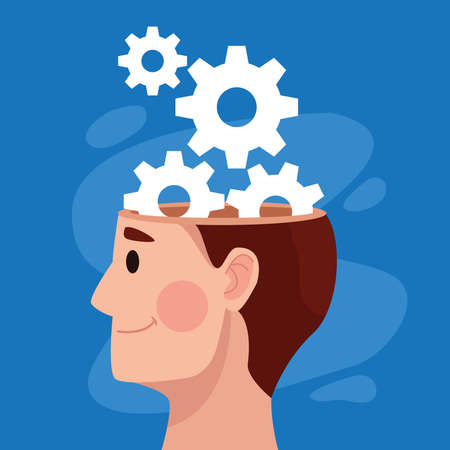 mental health day man profile and gears machinery vector illustration designのイラスト素材