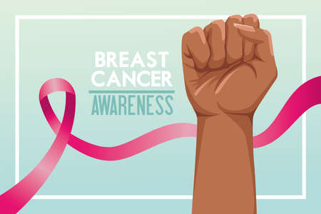 breast cancer awareness month campaign poster with ribbon pink and hand fist vector illustration designのイラスト素材