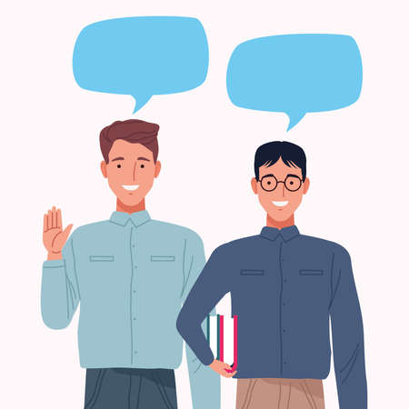perfectly imperfect couple men with speech bubbles characters vector illustration designのイラスト素材