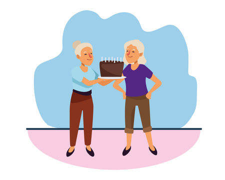 old women with sweet cake active senior characters vector illustration design