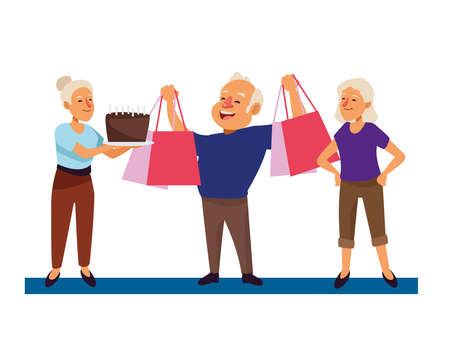 old people with shopping bags and sweet cake characters vector illustration designのイラスト素材