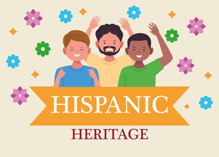 national hispanic heritage celebration with interracial men and lettering vector illustration design