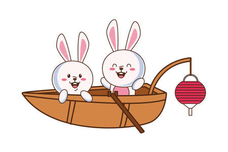 cute mid autumn rabbits couple in boat vector illustration designのイラスト素材