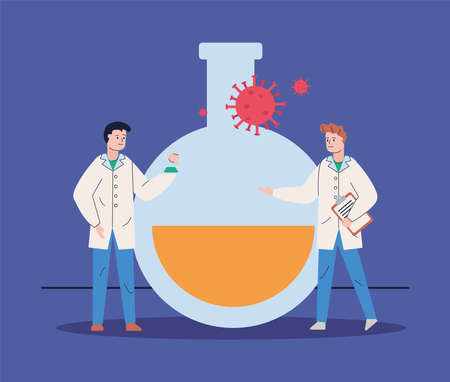 male scientifics with tube test and covid19 particle research vaccine vector illustration designのイラスト素材