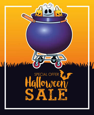 halloween sale seasonal poster with shopping bags in cauldron cart vector illustration designのイラスト素材