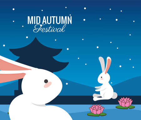 mid autumn celebration card with rabbits couple in lake scene vector illustration designのイラスト素材