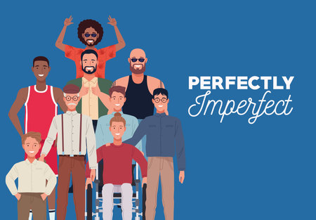 perfectly imperfect people group characters in blue background vector illustration design