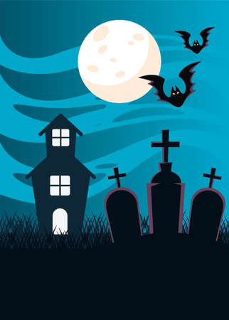 halloween dark haunted castle and bats flying in cemetery vector illustration designのイラスト素材