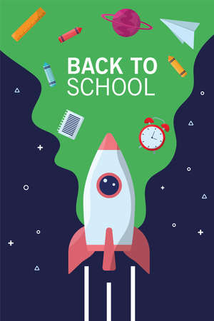 back to school lettering season with rocket and supplies flow vector illustration designのイラスト素材