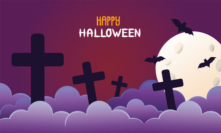 halloween bats flying and graveyard in moon vector illustration designのイラスト素材