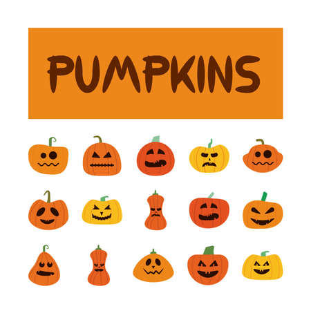 bundle of halloween pumpkins in white background flat style icons vector illustration designのイラスト素材
