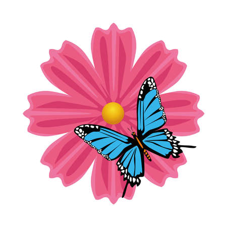 beautiful blue butterfly flying with pink flower vector illustration designのイラスト素材
