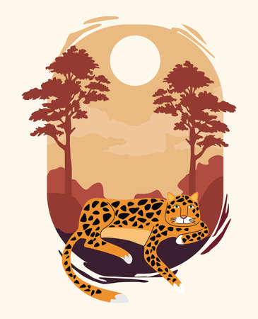 wild leopard in the jungle sunset scene vector illustration designのイラスト素材