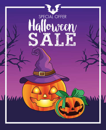 halloween sale seasonal poster with pumpkins wearing witch hat scene vector illustration designのイラスト素材