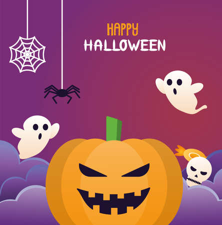 halloween pumpkin with lettering and ghosts vector illustration designのイラスト素材